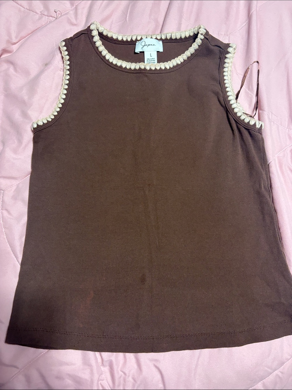 Japna Brown Ribbed Sleeveless Tank with Cream Trim